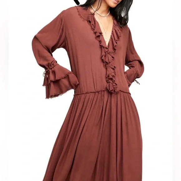 Free People Sweet Darling Long Sleeve Ruffle Dress in Brown -Boho -Size: S NWT! - Picture 4 of 11